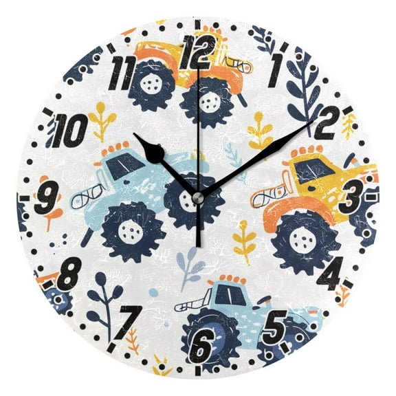 Cartoon Monster Truck Round Wall Clock Battery Operated Silent Non-Ticking Bedroom Office Kitchen Home School Decor 10"(Black)
