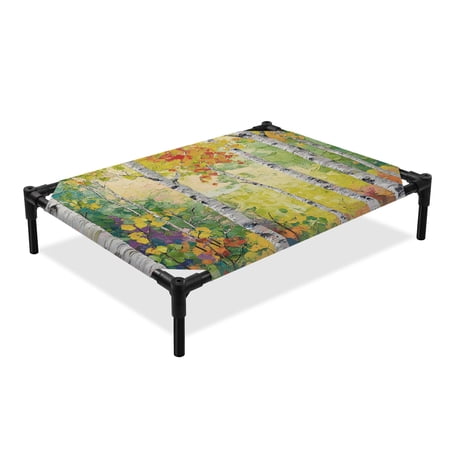 Summer Oil Painting Birch Elevated Dog Bed Country Green Tree Plant Cooling Breathable Outdoor Raised Dog Cot Bed with Metal Frame Non-Slip Feet for Large Dog 28x22in