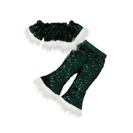 

AMILIEe Toddler Baby Girls Christmas Pants Set Sequined Short Sleeve Off-shoulder Patchwork Tops + Elastic Waist Flare Pants
