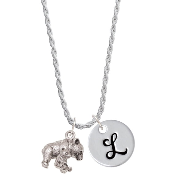 Delight Jewelry Silvertone Panda with Baby Silvertone Script Initial Disc - L - Charm Necklace, 20"+3"