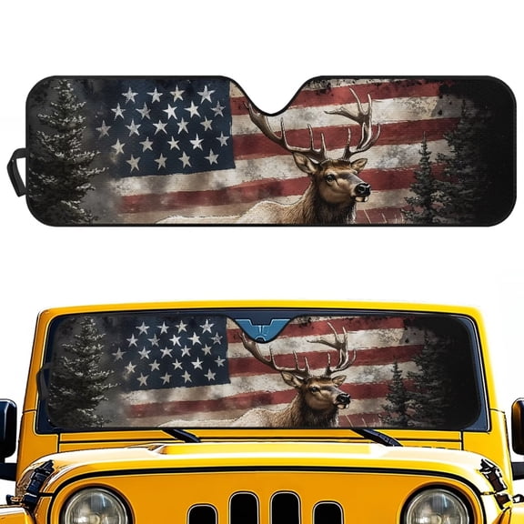 Psesaysky USA Flag Deer Windshield Sun Shade Sun Visor Heat Shield for Front Window Car Off-road Vehicle Accessories Keep Vehicle Cool