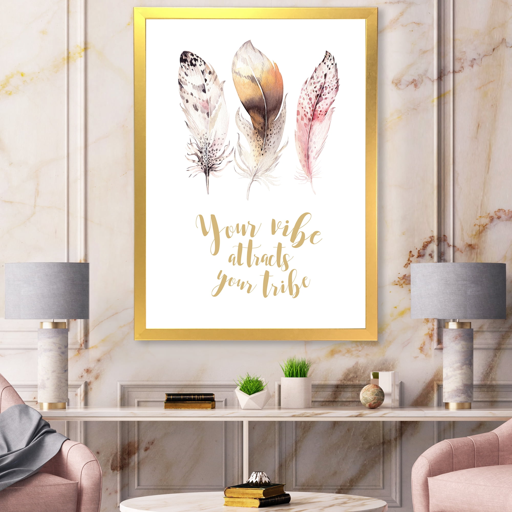 Designart 'Your Vibe Attracts Your Tribe Ethnic Feathers I' Bohemian & Eclectic Framed Art Print