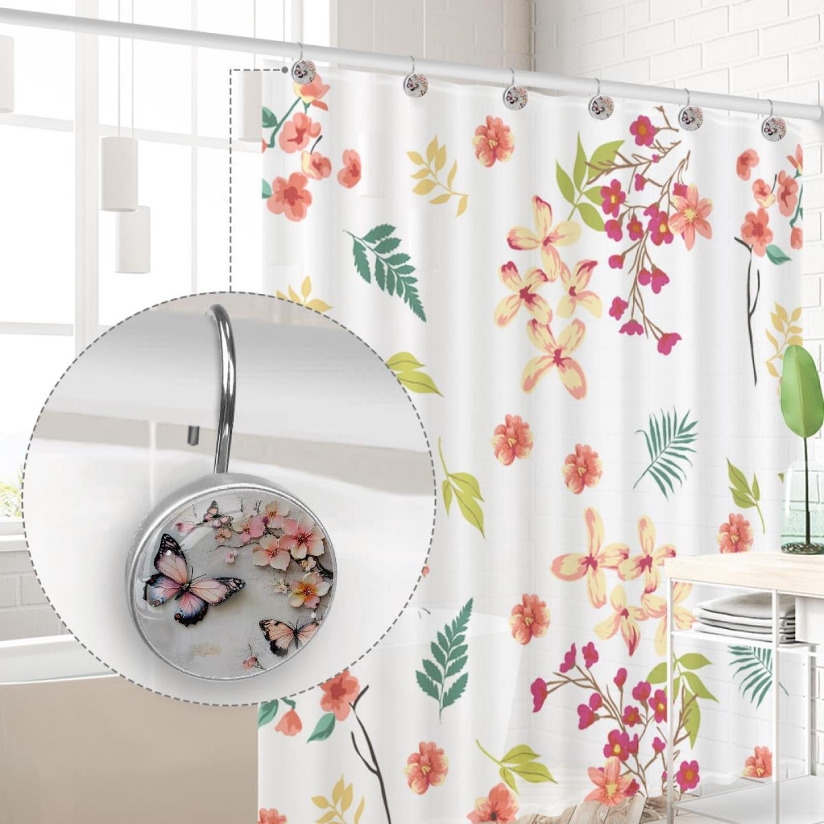 Pink Butterfly Cherry Blssom Branch Shower Curtain Hooks Round Crystal Glass, Set of 12 Shower Curtain Rings - Shower Hooks for Curtain Shower Rings