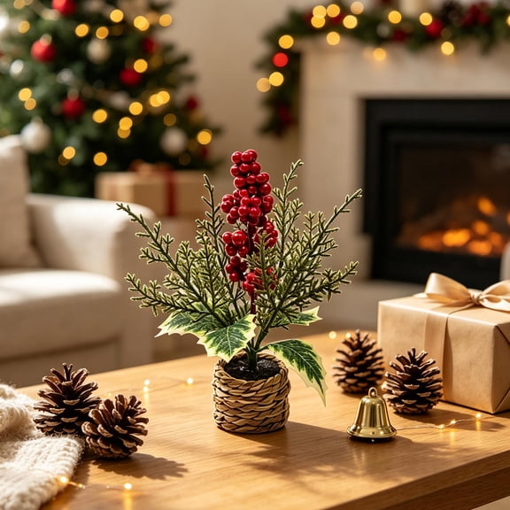 Christmas Artificial Berry plants Tabletop Ornament Festive Living Room Desk Scene Decor, Multicolor, 7.87 In