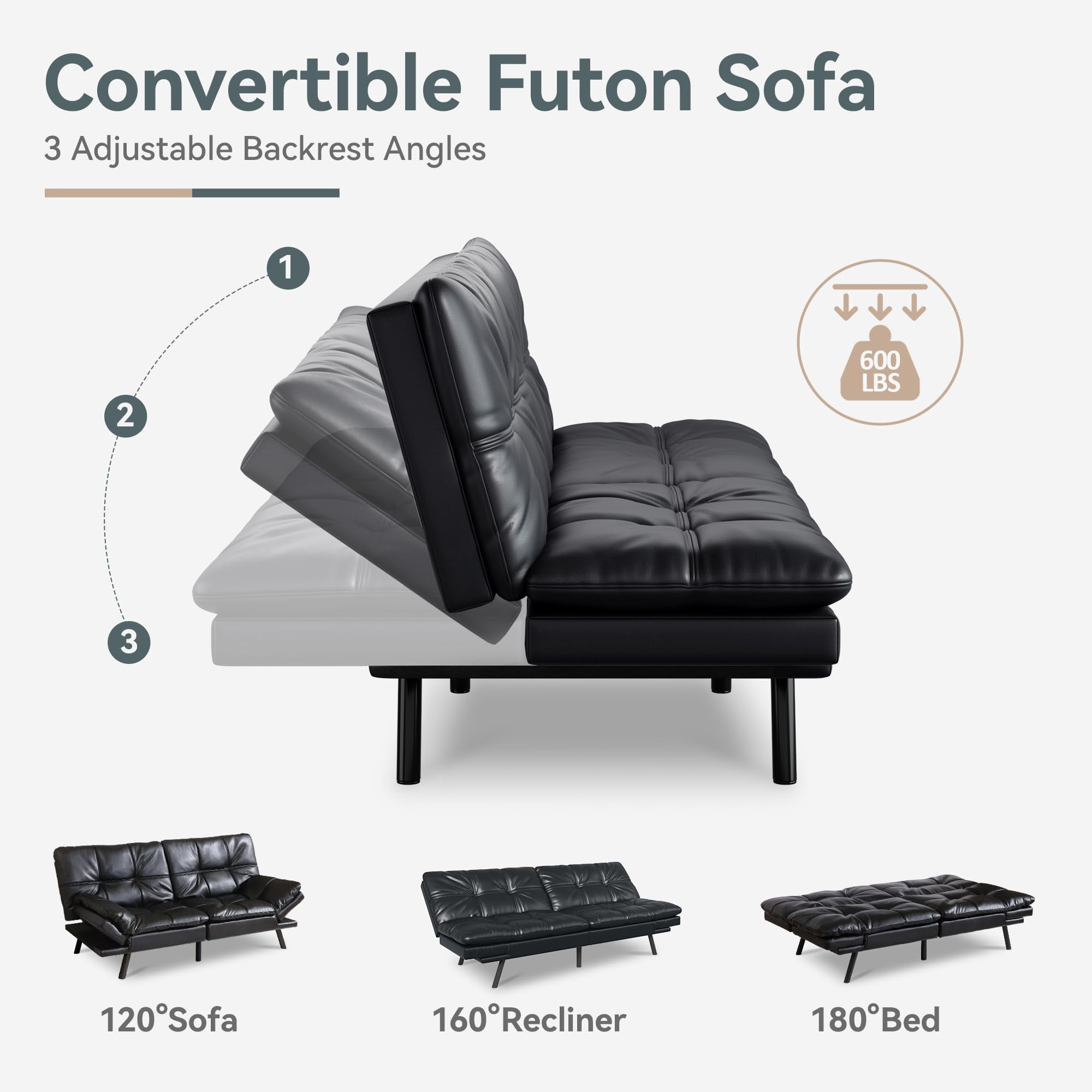 71" Sofa Bed Convertible Couch, Black Faux Leather Sofa Bed with Memory Foam, Adjustable Backrest & Armrests, Multifunctional Small Loveseat Sleeper Sofa for Living Room, Apartment, Office