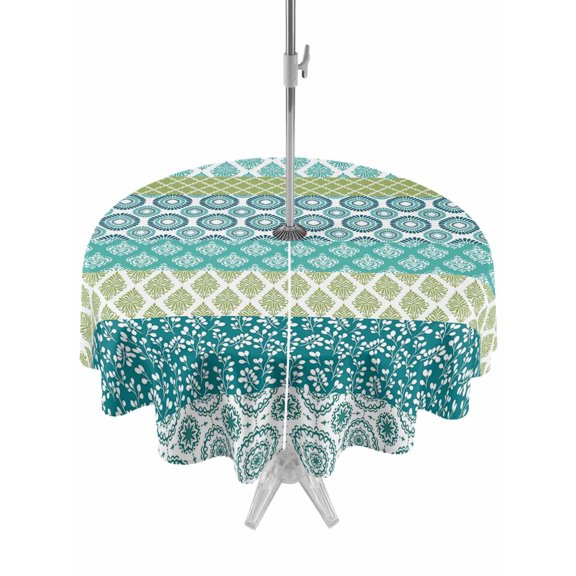 Outdoor Table Cloth with Umbrella Hole and Zipper, Teal Striped Waterproof Round Tablecloth 54 Inch, Boho Modern Geometric Abstract Art Ethnic Washable Table Cover for Outside Party Patio Picnic