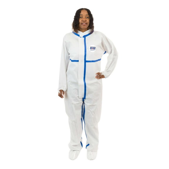 ViroGuard® 2, White Biohazard Suit, Elastic Wrists & Ankles, Front Zipper with Sealable Storm Flap, Thumb & Finger Loops, Taped Seams, Mandarin Collar