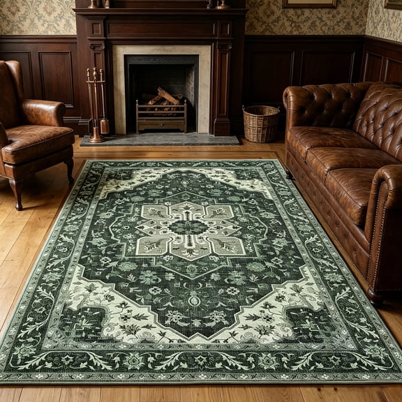 WANLISELL 5'x7' Area Rugs for Living Room, Boho Non-Slip Machine Washable Rug, Non-Shedding Distressed Soft Indoor Carpet for Bedroom, Dining Room, Dark Green