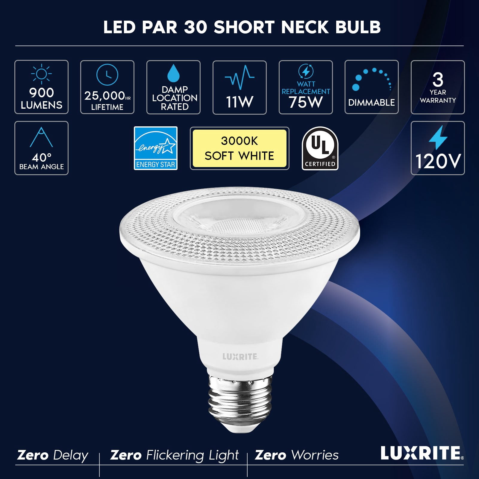 Luxrite PAR30 Short Neck LED Flood Light Bulb, 11W=75W, 3000K Soft White, 900LM, Dimmable, UL, E26 Base 6 Pack