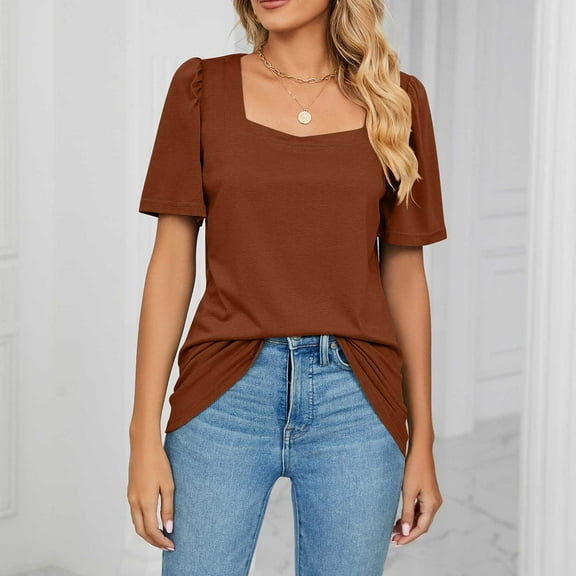 ECZHAW Tank Top for Women Square Neck Top Puff Sleeve Shirts Loose Fit Tshirts Blouses Dressy Casual,