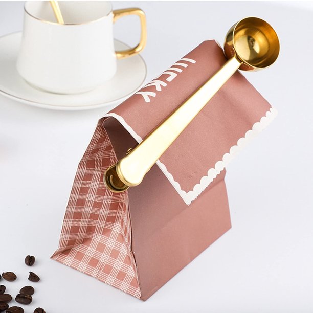 Cuchara medidora de café multifuncional de acero inoxidable con clip para sellar alimentos, marcas de escala para leche en polvo, hornear y condimentos: herramienta de cocina duradera con superficie