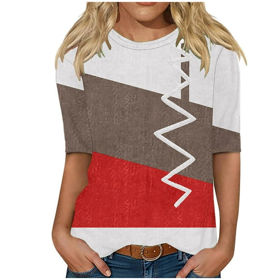 Savings Elbow Length Crewneck Shirts Women Casual Loose Patchwork T-Shirts Summer Basic Tunic Tops (S, White)