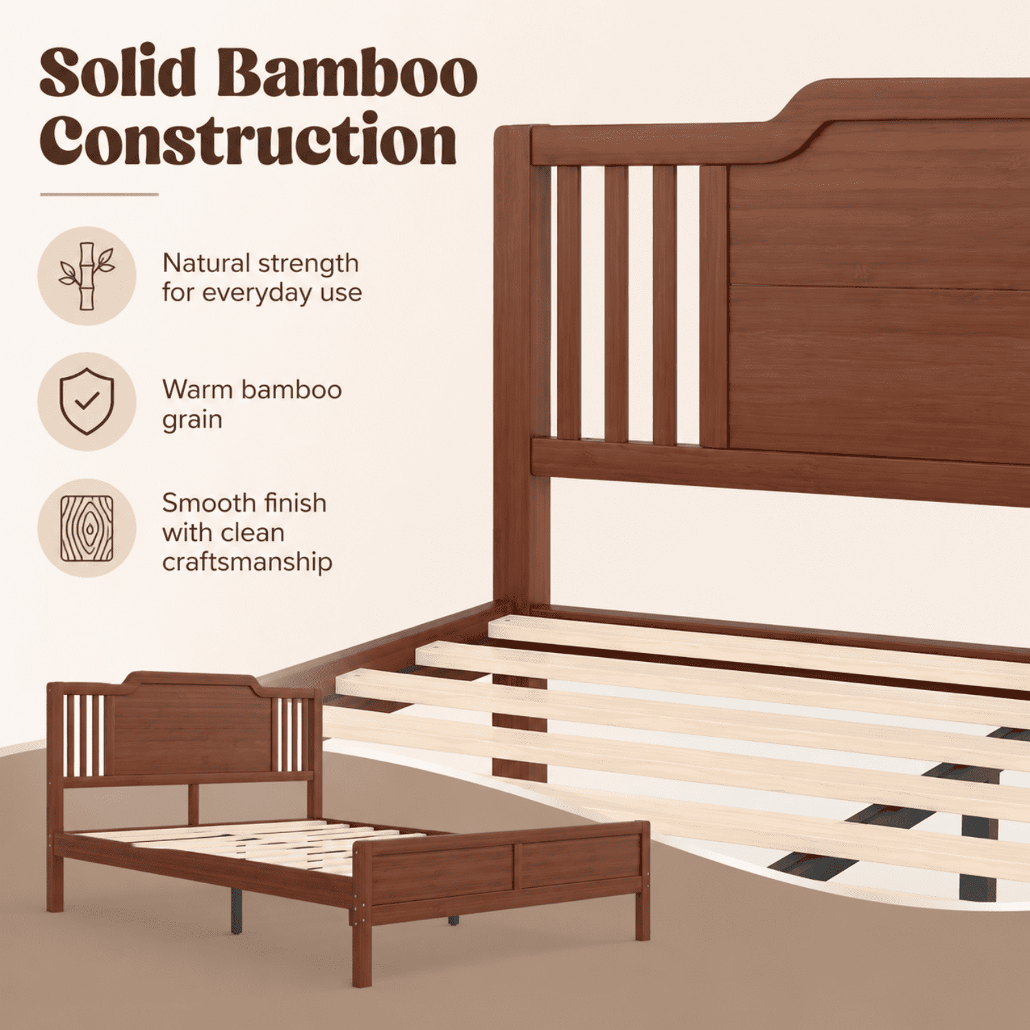 Miniyam Queen Size Solid Bamboo Platform Bed Frame with Headboard, Brown
