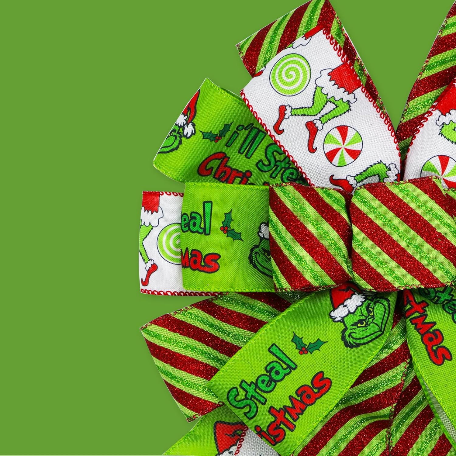 Large Christmas Tree Topper Bow 52x13 Inch, Pre-Tied Wired Ribbon Wreath Bows, Xmas Ornaments with Long Wired Edge Streamer for Holiday Thanksgiving Indoor Outdoor Party Decoration (Green)