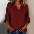 thumbnail image 4 of Linen Tops for Women Split V Neck Blouses Womens Loose Fit Casual Tshirts 3/4 Length Sleeve Solid Blouses Women Trendy Summer Outfits, 4 of 6