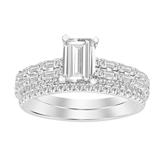 Bellano Women's Semi Mount Bridal Set 0.80Ct Round/Baguette Diamond 14K White Gold (Center Stone 1.00Ct Emerald Diamond)