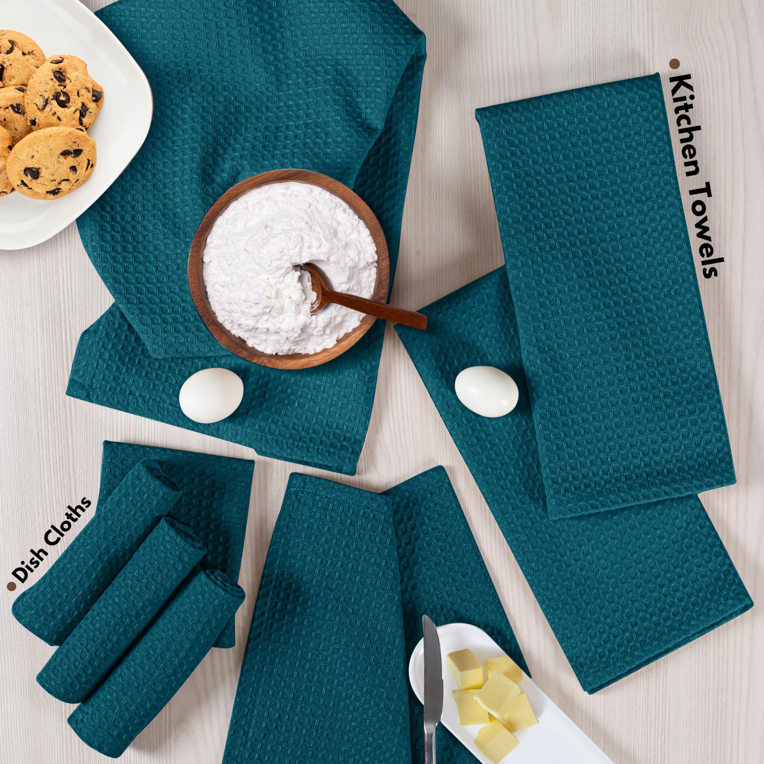 Native Fab 100% Cotton Dish Towel & Dishcloths Set - 8 Piece Set, Soft, Absorbent, Fast Drying, Durable Towels for Cleaning, Baking, Cooking - Great for Home, Kitchen & Restaurant Use - Teal Green