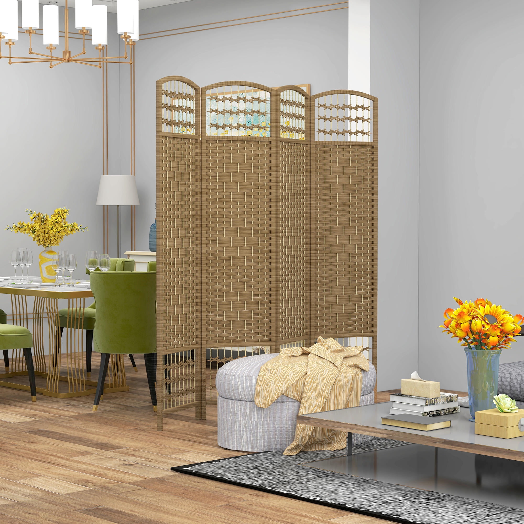 Room Divider 4 Panel Folding Privacy Screen 67" Tall, Wave Fiber Woven Partition with Arched Top for Home Office Bedroom, Natural Wood Tone
