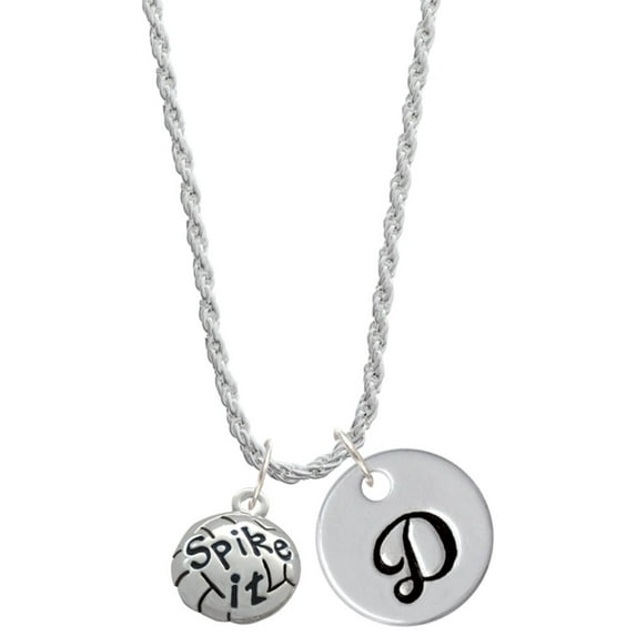 Delight Jewelry Silvertone Volleyball - ''Spike It'' Silvertone Script Initial Disc - D - Charm Necklace, 20"+3"