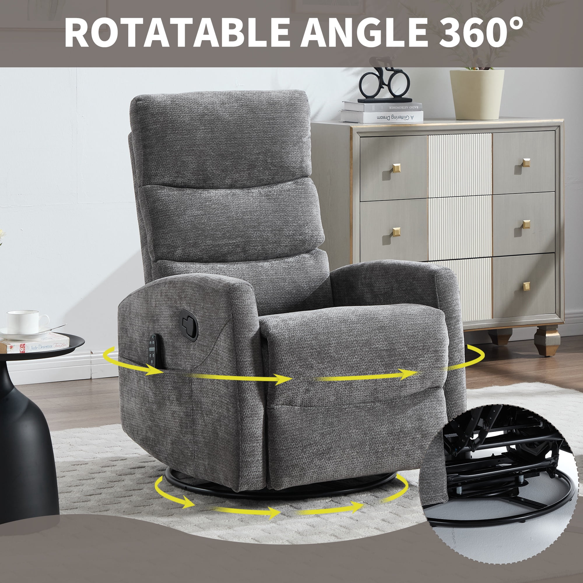 PAPROOS Rocker Recliner with Heat and Massage, Fabric 360° Swivel Rocking Recliner, Glider Rocking Chair for Nursery, Manual Recliner with Side Pocket for Adults for Home Theater Living Room, Gray