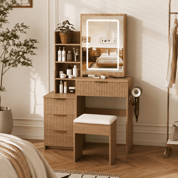CHEMPFR Vanity Desk with Mirror and Lights, Walnut Makeup Vanity Table with 4 Drawers, Storage Shelves, Power Outlet, Hair Dryer Holder & Stool