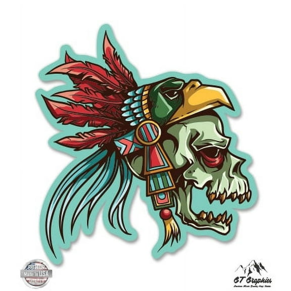 Native American Aztec Skull - 3" Vinyl Sticker - For Car Laptop I-Pad Phone Helmet Hard Hat - Waterproof Decal