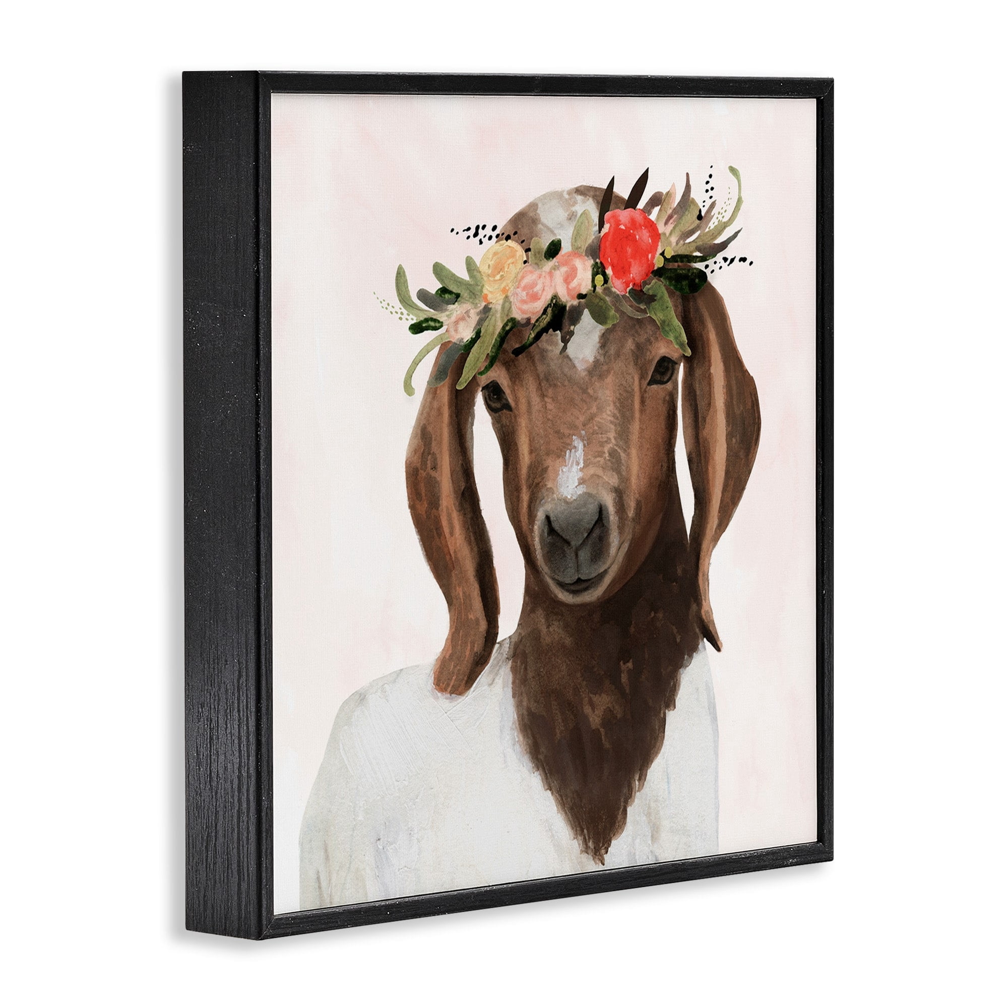 Springtime Flower Crown Long Ear Baby Goat Framed Giclee Texturized Art, 12 x 1.5 x 12