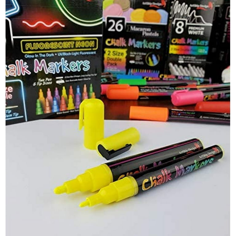 16 Fluorescent Neon Chalk Markers UV Glow in the Dark - Double Pack of  Extra Fine and Medium Tip Liquid Chalk Pens