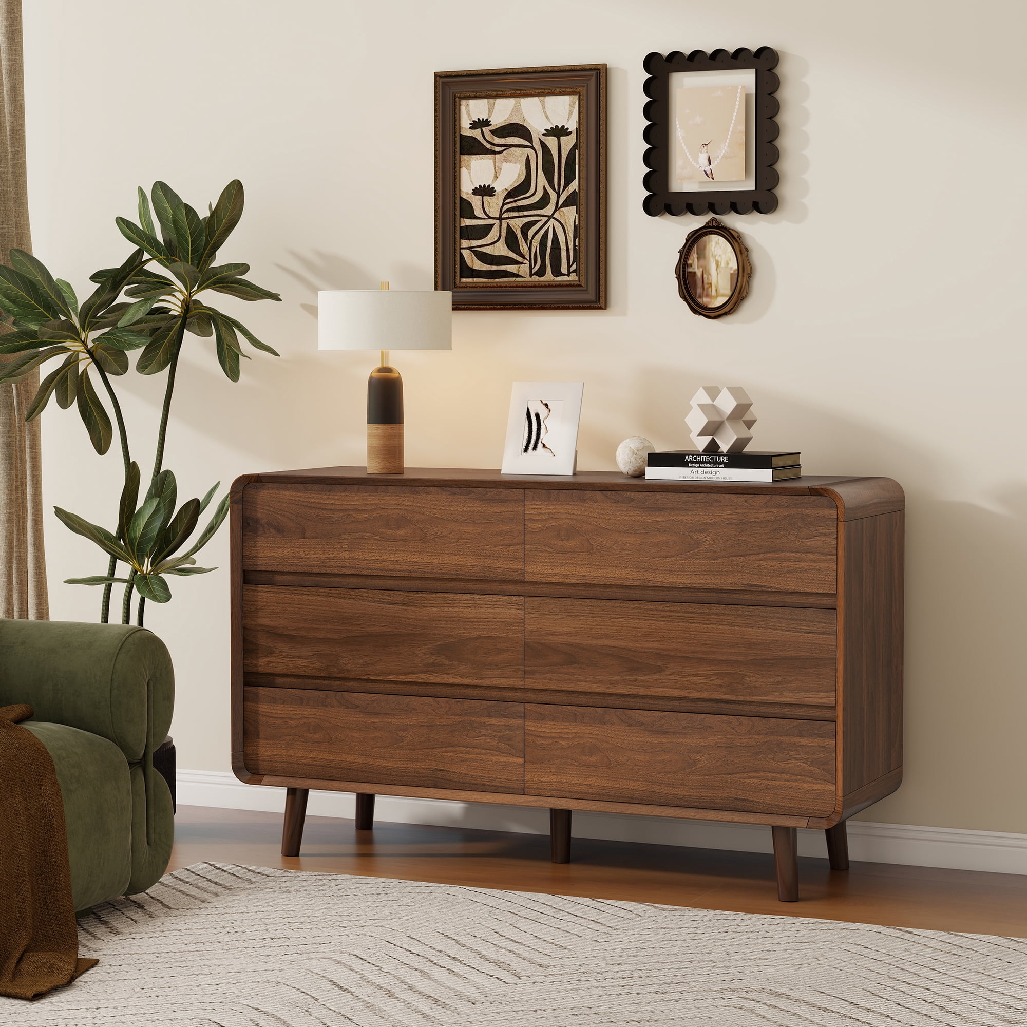 Bedroom Dresser with 6 Drawers, Tall Dresser, Wood Walnut Dresser for Bedroom, 47.2"W x 15.8"D x 30.7"H