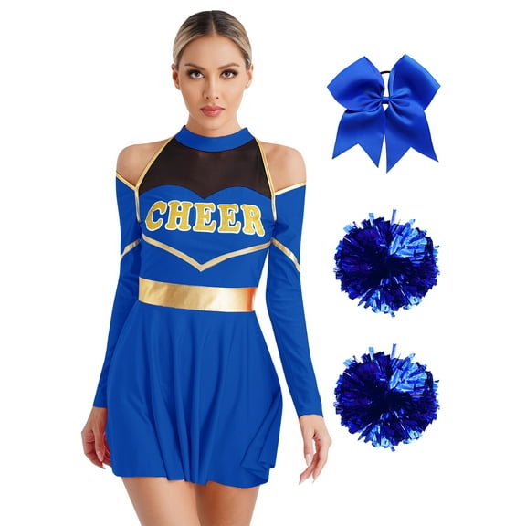 vastwit Womens Youthful Cheerleading Uniform Cheer Dress with Bowknot Hair Band Flower Balls Blue XXL