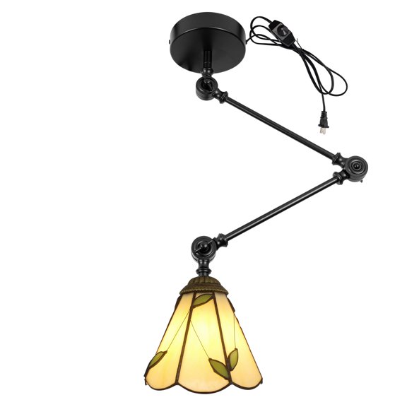 Kiven Pendant Light Fixture Adjustable Height,Black Swing Arm Hanging Lights Retractable Design with 15ft Plug-in Cord, Tiffany-style Ceiling Pendant Light for Kitchen Island Picture Office TB0297