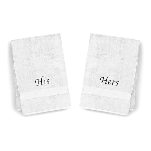 Oversized, Luxurious His & Hers Embroidered Bath Towels Set. Includes: 1 His and 1 Hers Towel. (White)