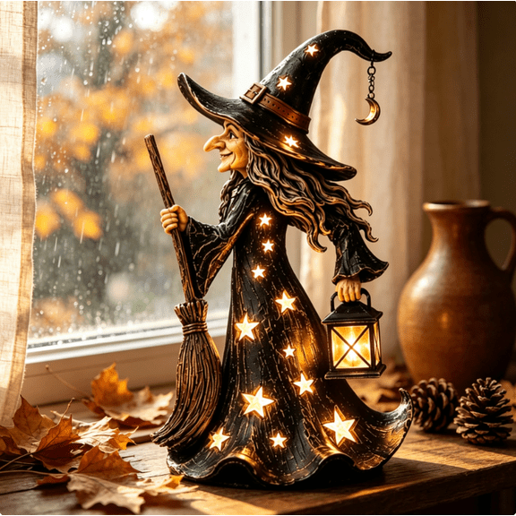 Starlight Witch Night Light Figurine, Lighted Halloween Witch Statue with Broom and Lantern, Soft Warm Glow Star Decor, Spooky Fall Table Centerpiece Ornament for Living Room Bedroom Shelf Decor