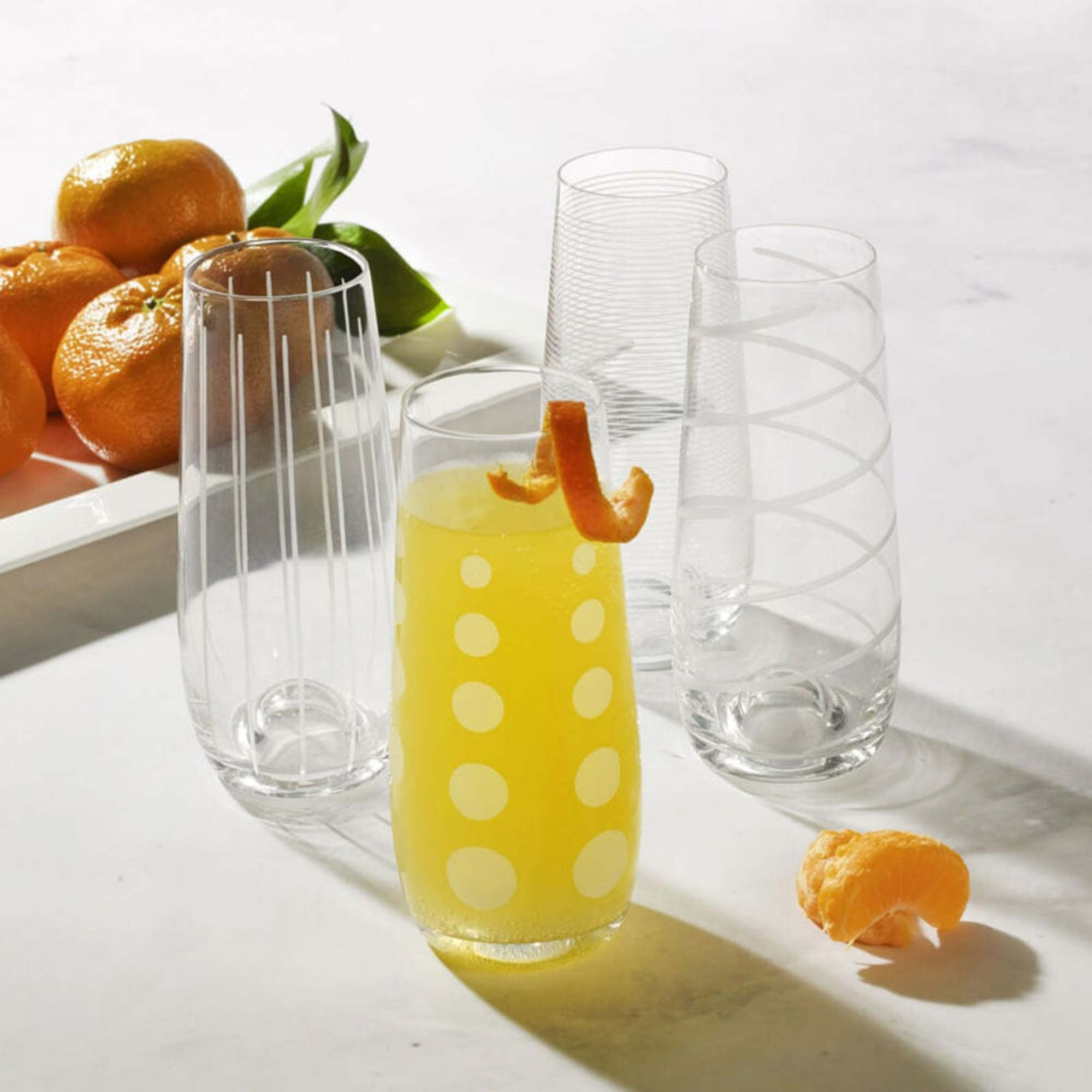 Mikasa Cheers Stemless Flutes, Set of 4 - 7.5 Oz Crystal Champagne Glasses with Playful Dot, Line & Swirl Designs - Unique Toasting Glassware for Sparkling Wine & Cocktails, Lead-Free