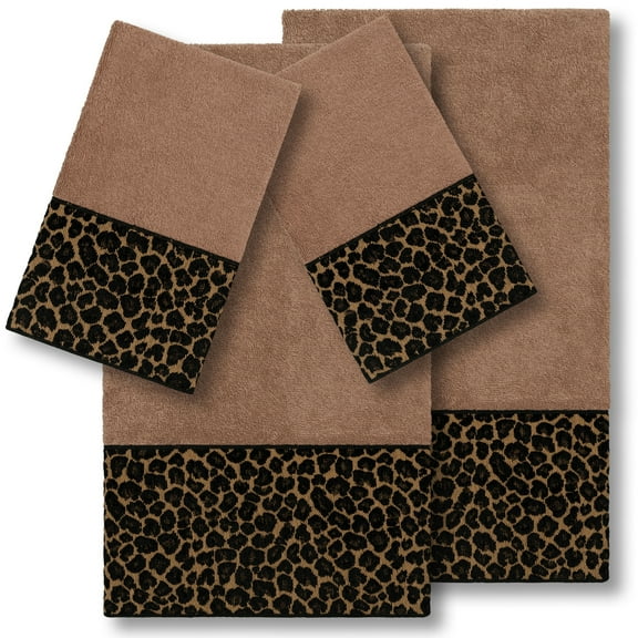 Authentic Hotel and Spa  Turkish Cotton Cheetah Jacquard Trim Latte Brown 4-piece Towel Set
