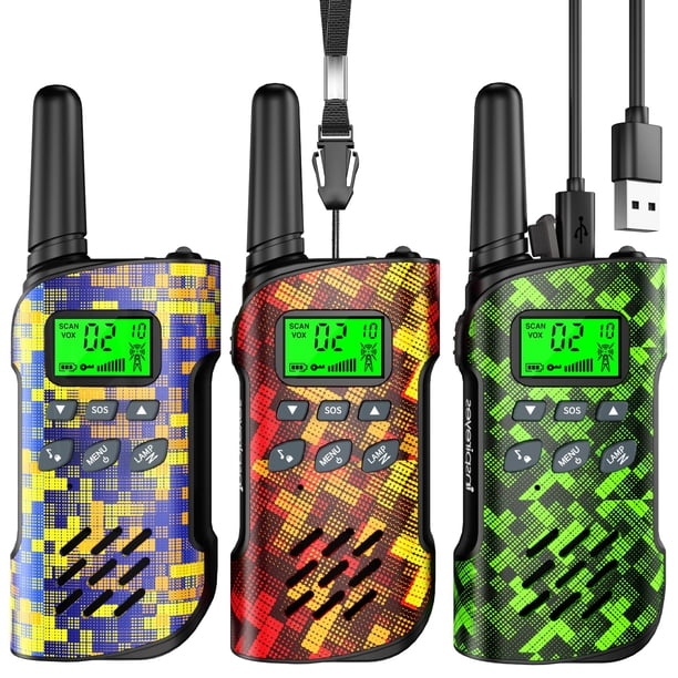 Walkie Talkies Inspireyes recargables para niños, paquete de 3 camuflajes