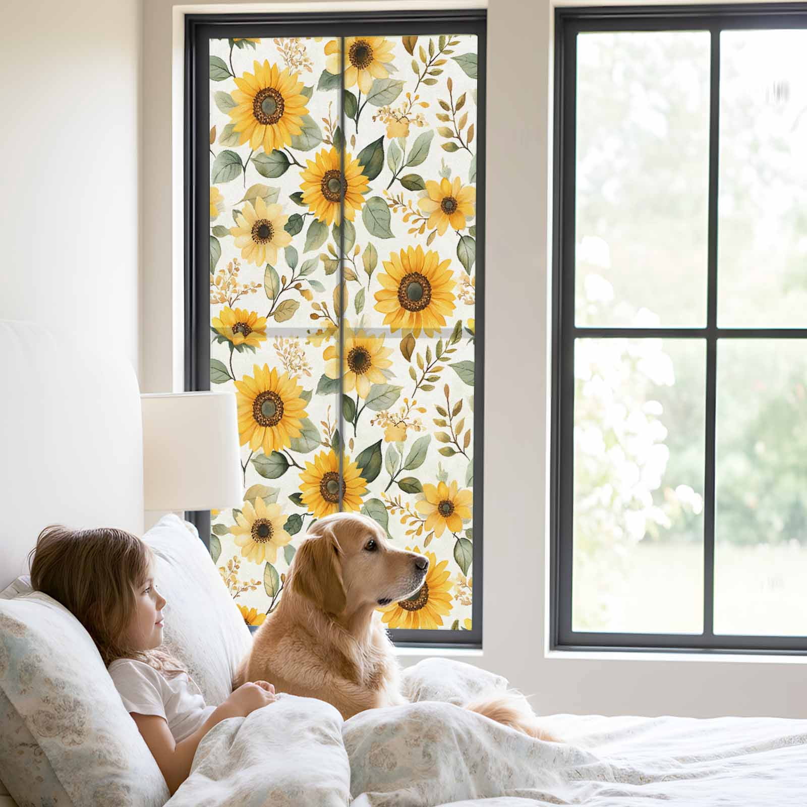 Sunflower Window Privacy Film, Farmhouse Spring Summer Botanical Static Cling UV Sun Blocking Heat Control Window Tint Day and Night, Non-Adhesive Reusable One Way Windows Privacy Cover 23.6''x59''