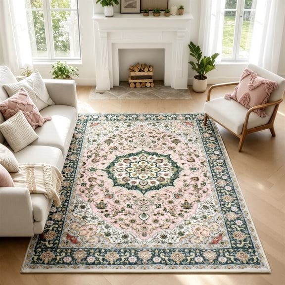 WANLISELL 5'x7' Area Rugs, Distressed Pink Vintage Living Room Rug, Soft Non-Slip Indoor Carpet for Bedroom, Kitchen, Playroom