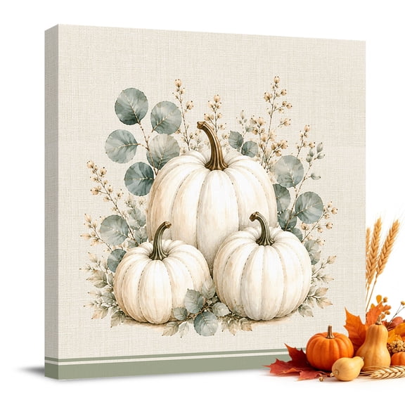 Autumn White Pumpkin Canvas Wall Art, Harvest Botanical Retro Linen Green Stripe Framed Wall Decor Modern Artwork Prints Painting for Living Room, Bedroom, Kitchen & Cafe Decor 12x12 Inch