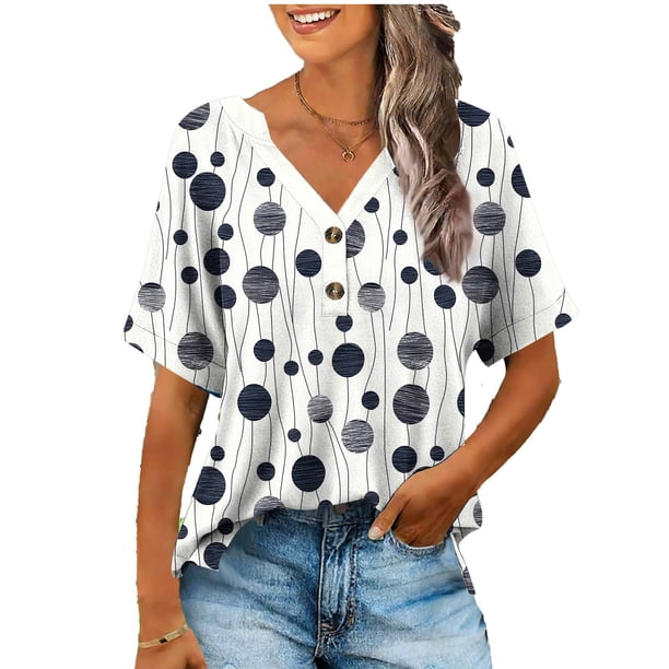 Camisetas con Cuello en V Mujeres Moda Botón Casual Camiseta con Cuello en V Suelta Y Elástica Impresión sin Posicionamiento para Primavera Verano, Camisetas de Mujer Casual