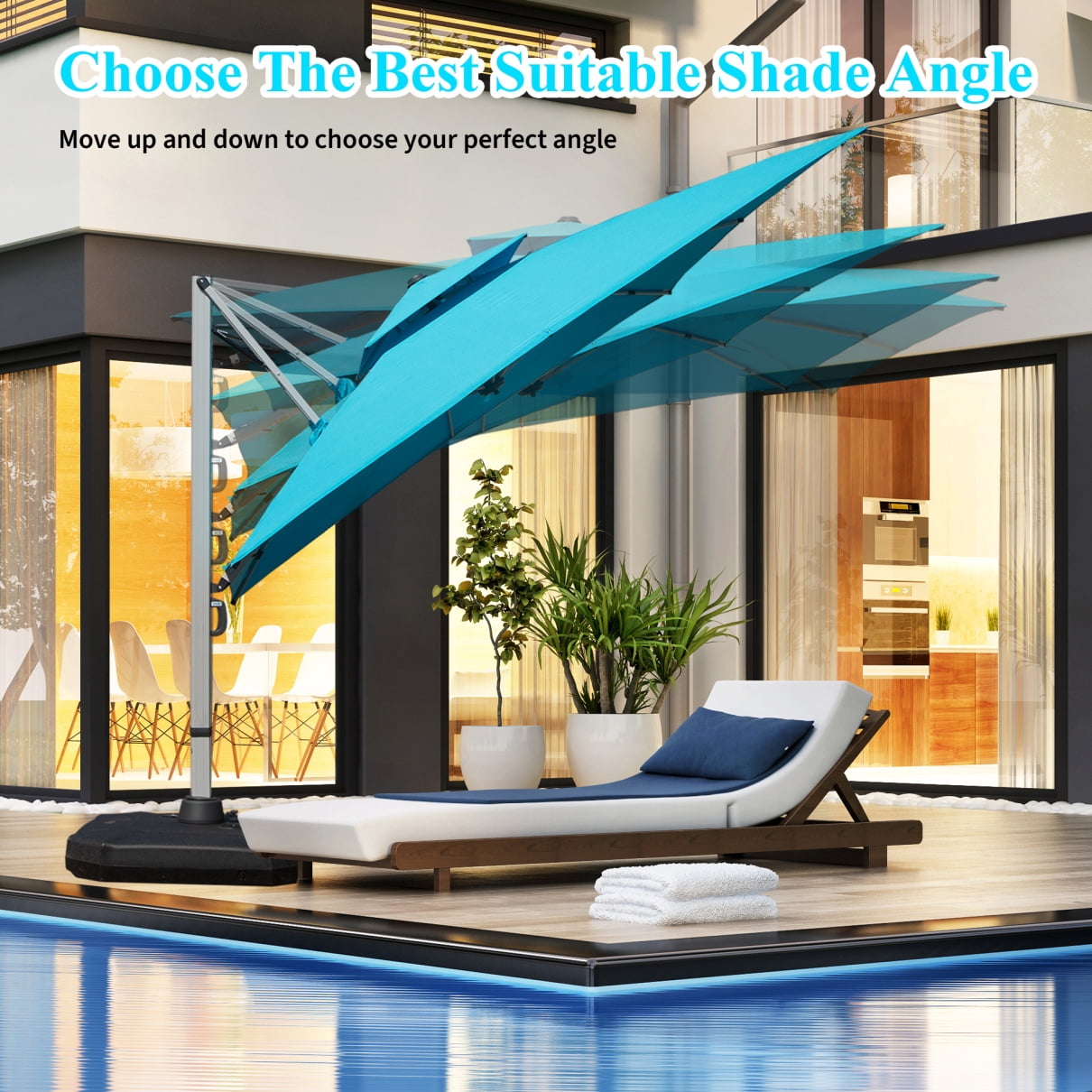 9'X9' Adjustment Square Cantilever Umbrella with Center Pole, 360° Rotation Patio Umbrella with Sun Protection, 2-Tier Aluminum Offset Outdoor Umbrella for Backyard, Pool, Lake Blue