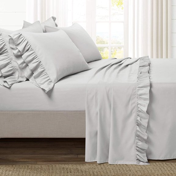 Border Ruffle Sheet Set 6 Piece, 300 Thread Count, 100% Egyptian Cotton, 17'" Deep Pocket, Sateen Weave Finish Sheet Set - Light Gray Solid, Twin Size.