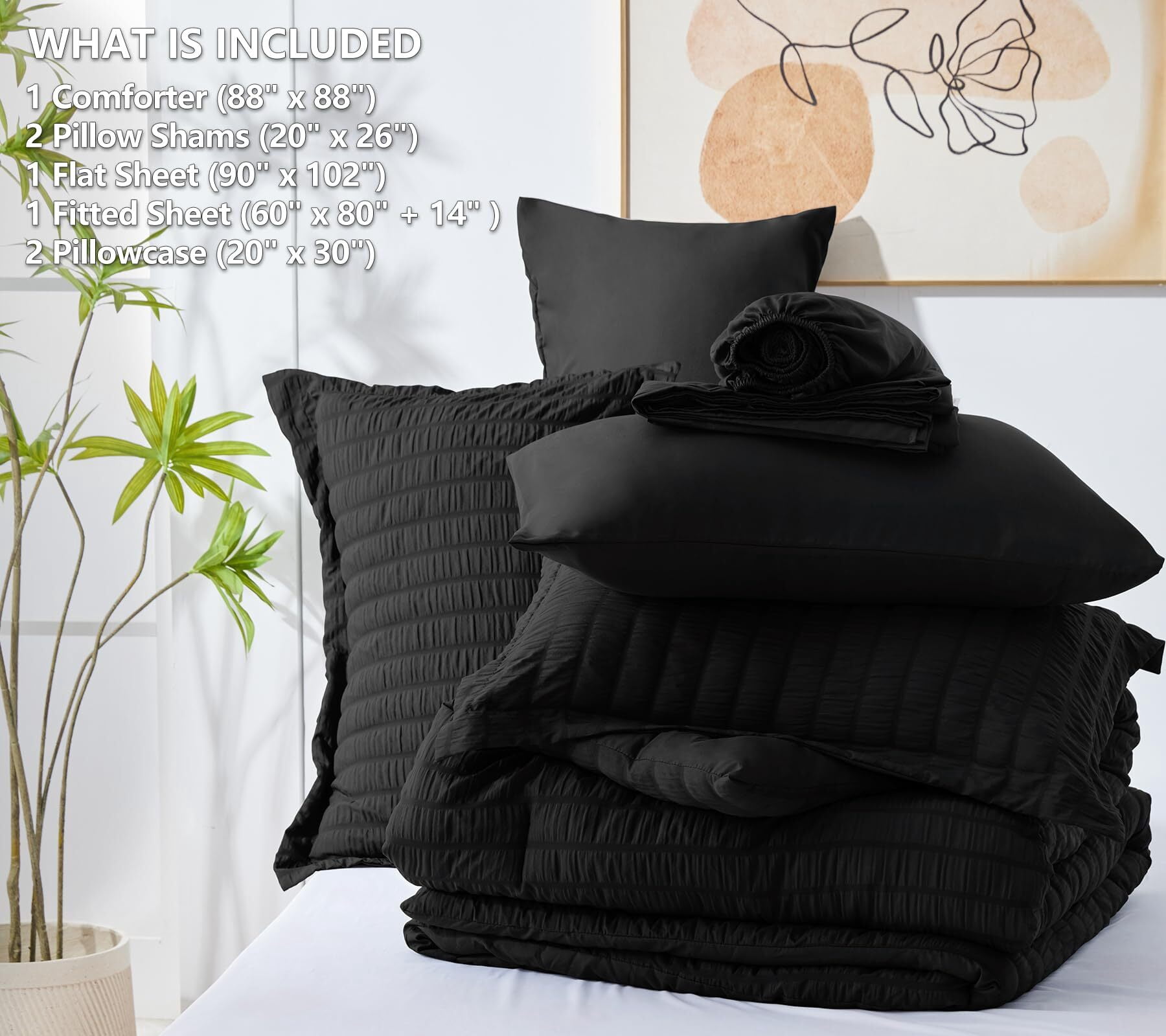 JUSTLET Queen Seersucker Comforter Set with Sheets Black Bed in a Bag 7-Pieces All Season Bedding Sets with Comforter, Pillow Sham, Flat Sheet, Fitted Sheet, Pillowcase