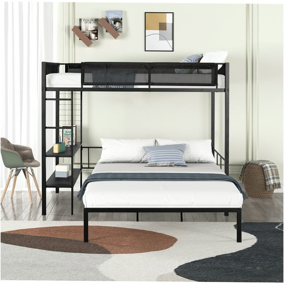 JERFIT Twin over Full Metal Bunk Bed with Shelves & Grid Panel, Detachable Full Size Lower Bed, Space Saving Design, Black Frame