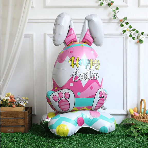 Giant 3D Standing Bunny Balloon Self-Supporting,Easter Foil Balloon with Sturdy Base, Large Aluminum Foil Rabbit Decoration for Party Centerpieces, Garden and Indoor Displays