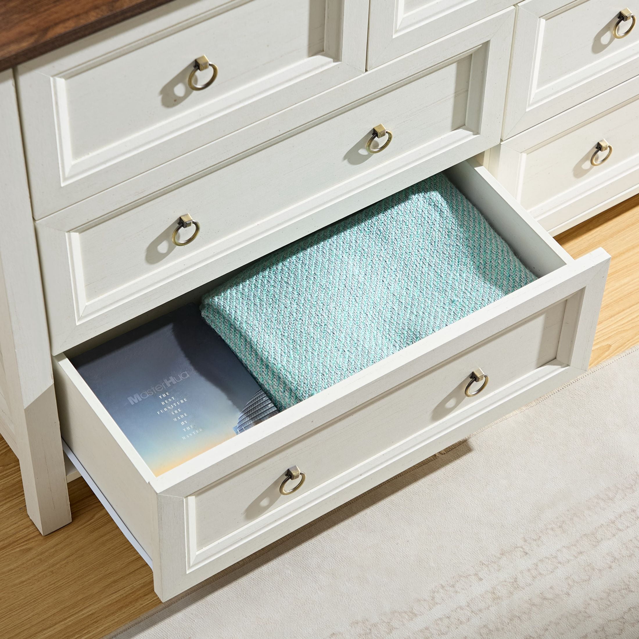 AENKYO Farmhouse Dresser with 7 Drawers, Storage Drawer Chest for Home, Cream White & Rustic Brown Finish
