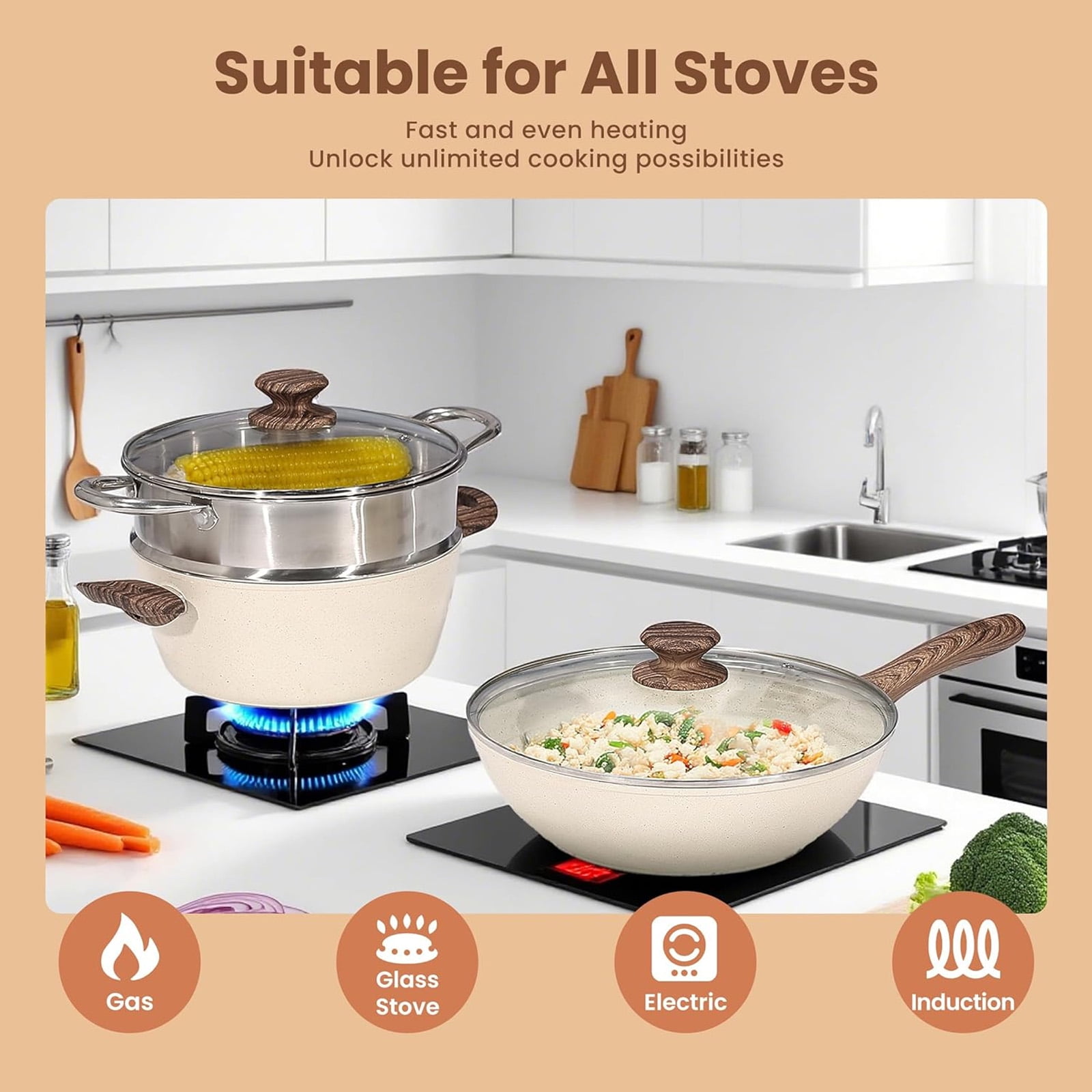 Casabay 17-Piece Non-Stick Cookware Set, Healthy Pots and Pans with Lids & Removable Handle, Space-Saving for Kitchen Storage, Beige