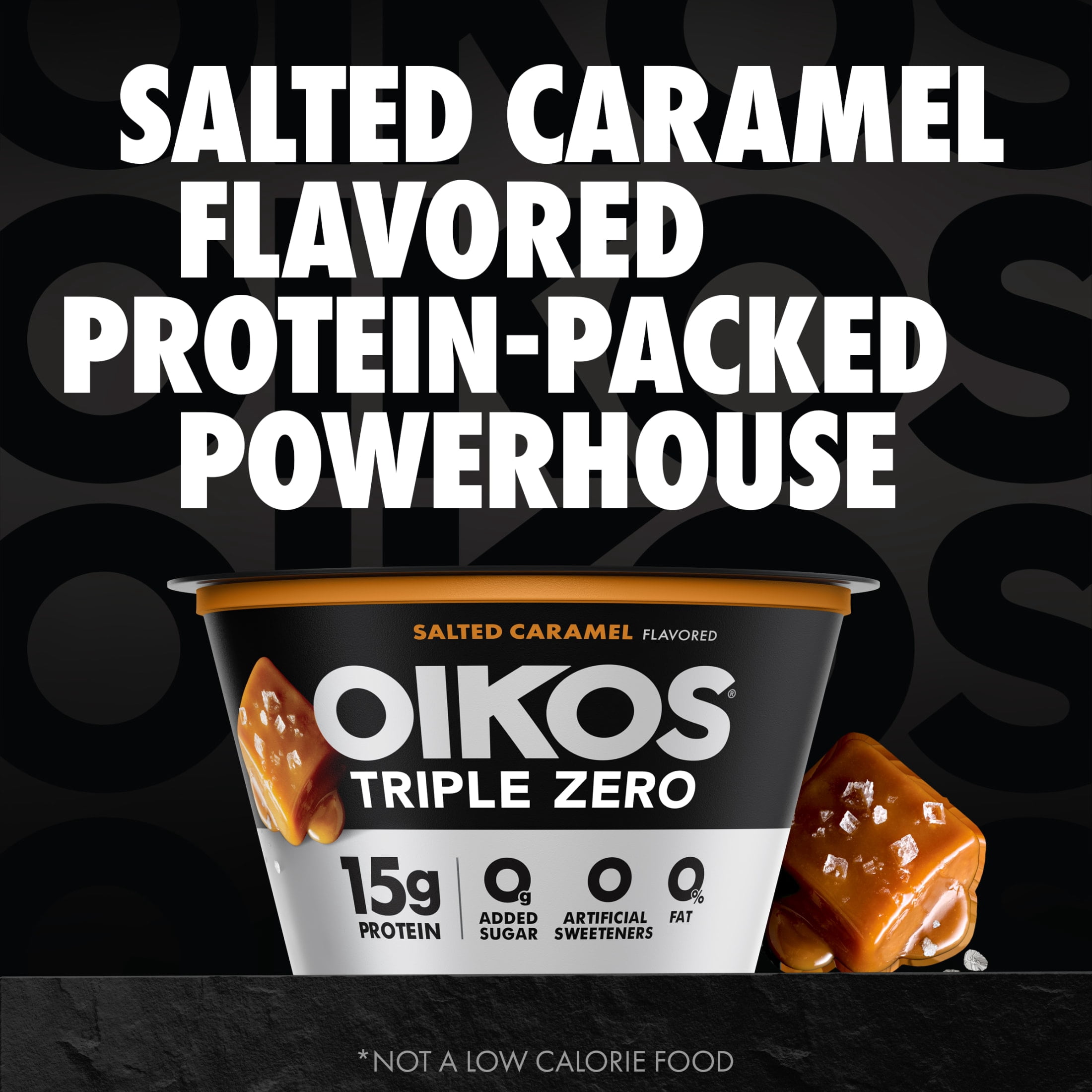 Oikos Triple Zero 15g Protein Salted Caramel Greek Yogurt, 90 Calories, 0g Added Sugar and 0 Artificial Sweeteners, Nonfat Yogurt Pack, Great for Office Snacks, 5.3 oz Cup