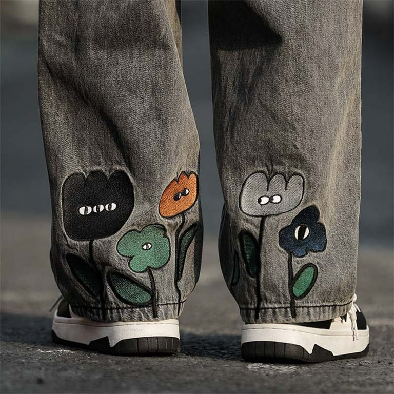 Mens Y2K Flower Printed Baggy Jeans Vintage Straight Pants Mens Y2K Flower Printed Baggy Jeans Vintage Straight Pants