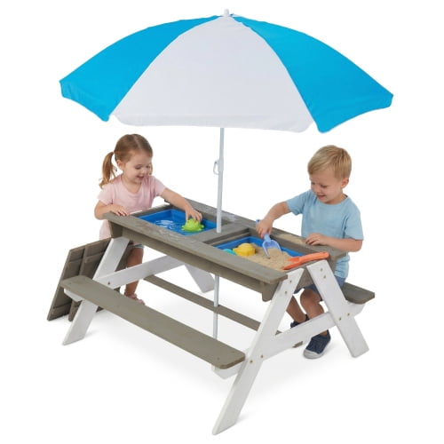 DEGUO 3-in-1 Wooden Kids Picnic Table with Adjustable Umbrella, Sand and Water Activity Table with Removable Boxes for Outdoor Backyard Patio Play
